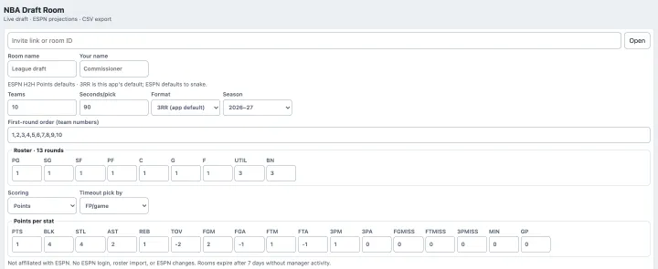 NBA Draft Room's setup form with default settings: placeholder room and manager names, ESPN H2H Points defaults, ten teams, 90 seconds per pick, the 3RR format, the 2026 to 27 season, roster slots and points per stat.